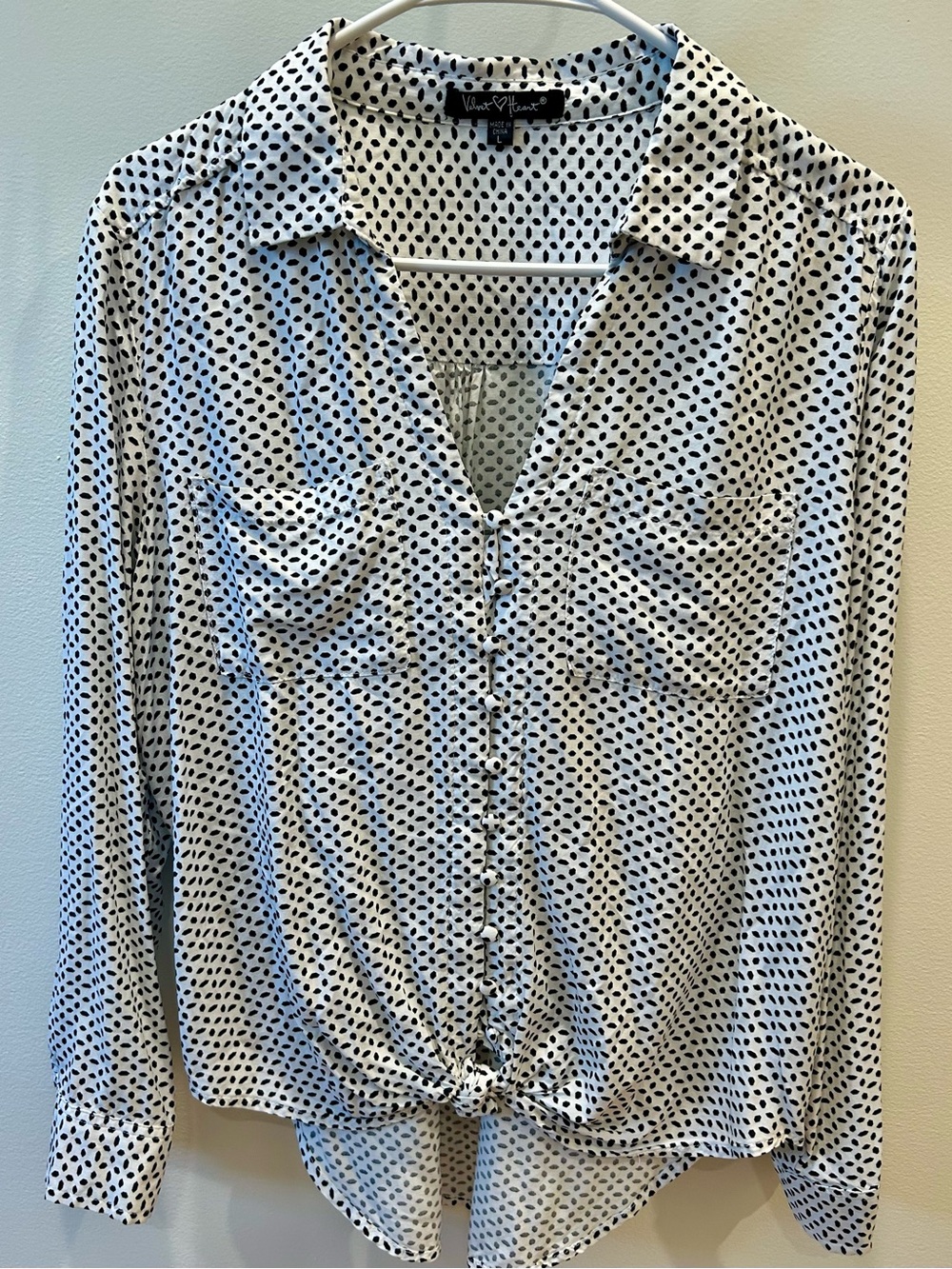 Velvet Heart Polka Dot Tie Front Rayon Blouse Shirt Black White Large Abstract